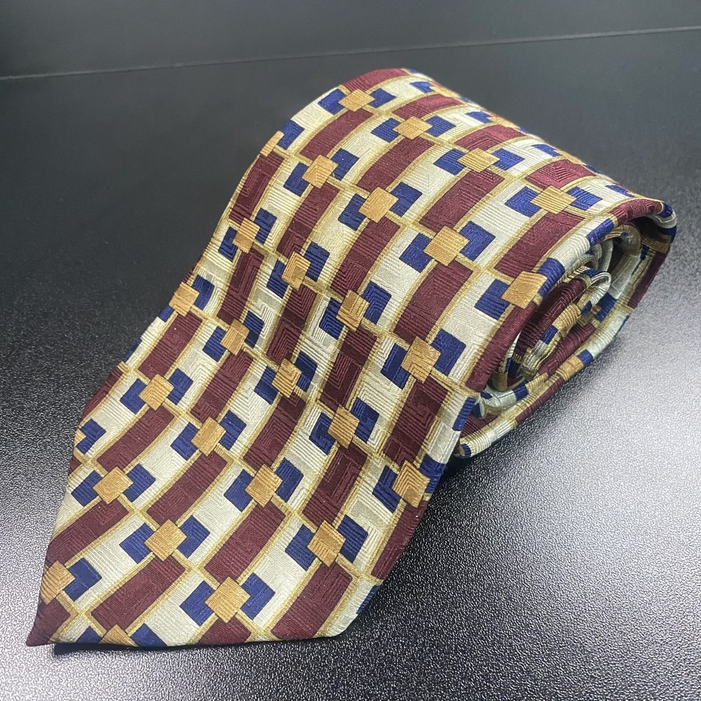 Vintage Beans McGee Tie Geometric Red Blue Gold Silk 3.5 x 58" USA Made AOP